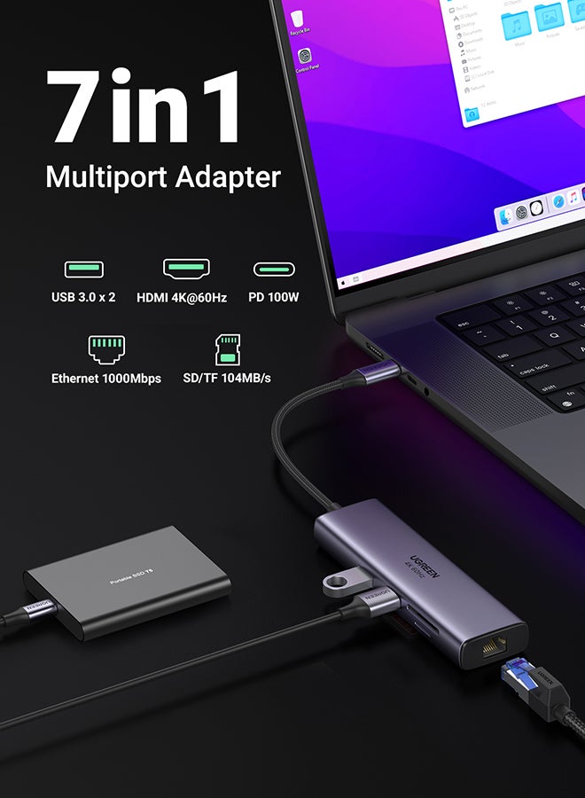 يو جرين محول7 في 1 USB C متعدد المنافذ 4K@60Hz مع منفذين USB محطة إرساء USB-C مع 4K HDMI قارئ بطاقة SD/TF الطاقة تسليم 100 واط شبكة 1Gbps متوافق مع ماك بوك، أيفون 17، ايباد برو 2024، آيباد إير لون رمادي - Image 2